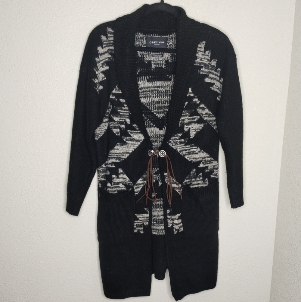 Obey Propaganda Black Cream Long Knit Cardigan Sweater Duster Size Small